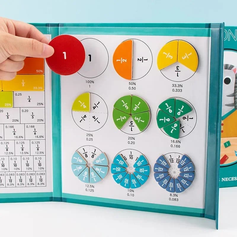 Magnetyczna zabawka Montessori do nauki ułamków – drewniana książka edukacyjna, pomoce dydaktyczne do nauki arytmetyki, zabawka edukacyjna dla dzieci.